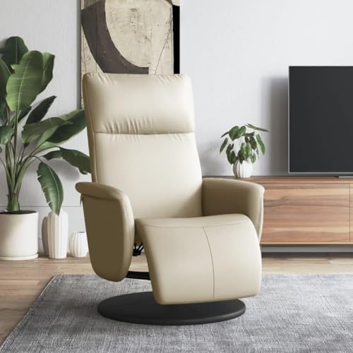 Kythralux Relaxsessel mit Fußteil in Creme Kunstleder, Drehbarer Loungesessel mit Verstellbarer Rückenlehne und Fußstütze, bequemes Sitzmöbel für Wohnzimmer, Schlafzimmer, Büro, modern skandinavisch