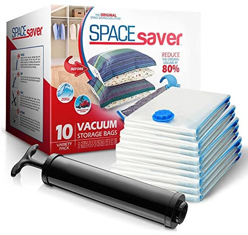 Spacesaver Premium Sacchetti Sottovuoto, 80% in più di Stoccaggio, Pompa a Mano per Viaggio, Doppia Chiusura, Tripla Valvola Turbo-Guarnizione per il Massimo Risparmio di Spazio-Varietà 10 Pezzi