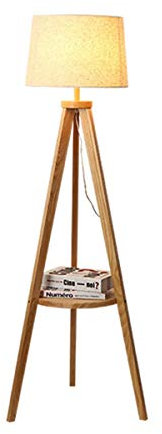 GDLight Wooden Tripod Etagere Floor Lamp Modern Linen Cloth Lampshade Shelf Reading Lights for Living Room Bedroom Study Room, E27