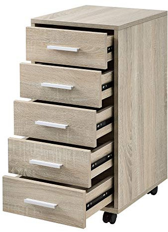 [en.casa] Rollcontainer mit 5 Schubladen Rollschrank Rollwagen 63x33x38cm Schubladencontainer Bürocontainer Eiche
