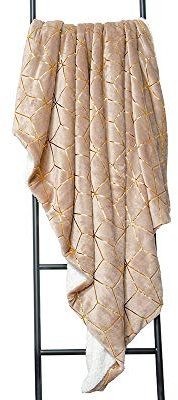 UK Care Direct Sherpa Geometric Graphic Fleece Throws | Colour - MINK/ROSE GOLD | 130 x 180cm Throw Blanket, Great for Sofa, Bed, and Occasional Blanket