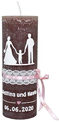 Hochzeitskerzen Rustik Familie 190 x 68 mm mit Namensverzierung aus hochwertigen Wachsbuchstaben und Sichtkarton