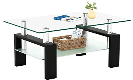 Meihua Mesa de centro rectangular de cristal de 2 niveles para sala de estar, color negro