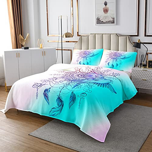 Traumfänger Tagesdecke 170x210cm Boho Traumfänger Dekor Bettüberwurf für Teenager Böhmische Hippie Feder Vogel Steppdecke Exotisches Stammesblau Grün