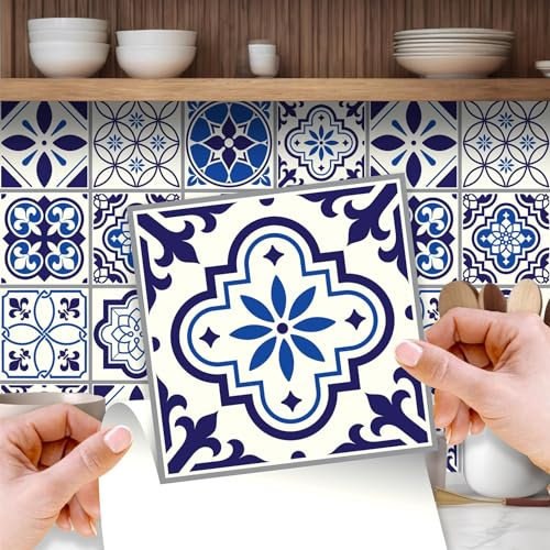 WALPLUS 96 Stück 15x15cm Spanisch & Marokkanisch Blau Weiß Wandfliesen Aufkleber Schälen und Kleben Backsplash Abziehbilder Startseite Dekore Aufkantung für Küche Badezimmer Kacheln Farbe auf Wand