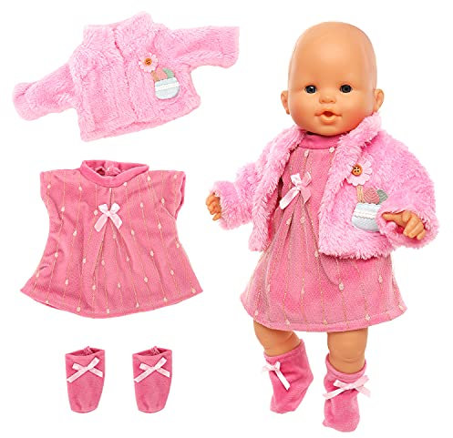 Festfun 3 Pièces Vêtement de Poupée 36cm Robe Rose avec Un Manteau Chaussettes de Poupée Habit Tenue Poupée Poupon 36-43cm(Poupée Non Incluse)