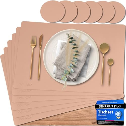 Mahewa® 6er Set Premium Tischset aus Kunstleder - Platzset abwaschbar und wasserdicht - Platzdeckchen Telleruntersetzer in Lederoptik (Rose, Eckig)
