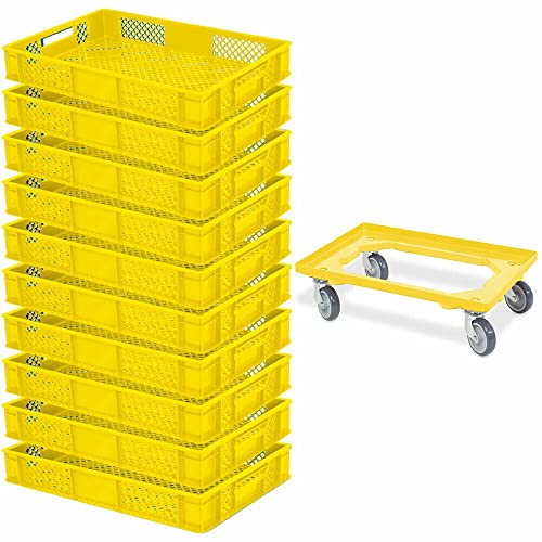 BRB 10 Eurobehälter, LxBxH 600x400x90 mm, Industriequalität, lebensmittelecht + 1 Transportroller, gelb