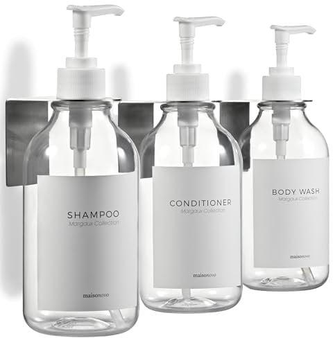 MaisoNovo Dispenser Shampoo e Bagnoschiuma - Dispenser Sapone Doccia a Parete - Sapone Bagno a Muro-Set da 500 ml di 3 Bottiglie di Plastica Trasparenti, Pompa Bianca