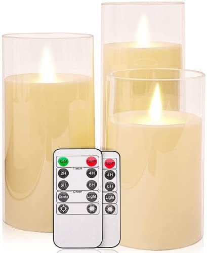 salipt LED Flameless Candles, Battery Operated Flickering Candles, Moving Flame Electric Candle Sets Glass Effect with Remote Timer, Set of 3, H 4 5 6 - Ivory