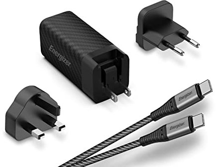ENERGIZER - Schnellladegerät USB-C 90 W – mit Kabel 100 W – 3 Steckdosen im Lieferumfang enthalten (EU/US/UK) – Schwarz