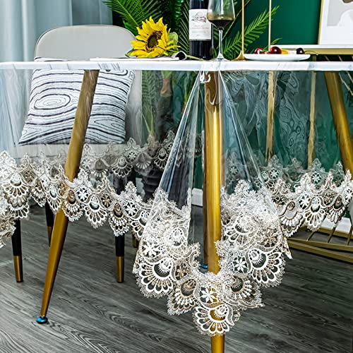 Klare Kunststoff Rund Tischdecke Wasserdichtes Vinyl PVC Tischdecke Bestickte Spitze Rand Transparente Tischabdeckung für die Küche im Freien und im Inneren verwendet-Rund 190 cm, Blumen2