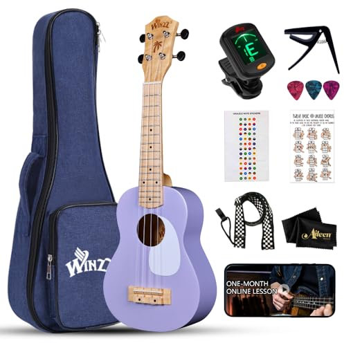 WINZZ Sopran-Ukulele für Anfänger, 53,3 cm, Hawaii-Holz-Ukulele-Set für Kinder, Erwachsene, Studenten, Anfänger, professionelles Ukulelen-Set mit kostenlosem Unterricht, Etui, Schlagbrett, Kapodaster,