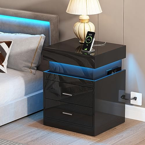 ChooChoo Black Nightstand with Charging Station, Smart LED Night Stand with Sliding Top Storage, 2-Drawers High Gloss Bedside Table, Modern End Table for Bedroom