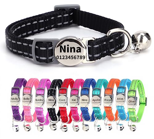 SEOUGEE Cat Collar Quick Release with Personalised Name Tag, Reflective Kitten Collars with Bells & Safety Release, 19-30 CM Adjustable, Black
