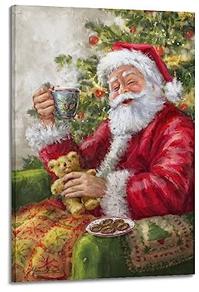 MITIN Poster de Noël Père Noël avec tasse de thé, peinture décorative sur toile, décoration murale et art pour chambre à coucher 50 x 75 cm