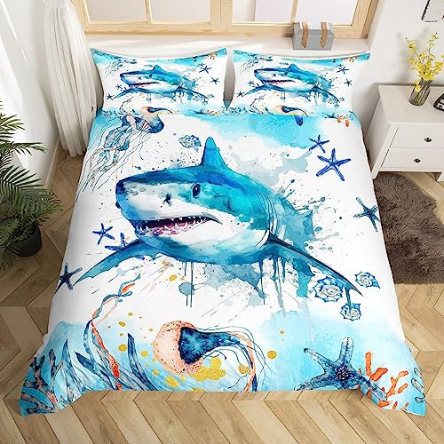 Loussiesd Hai Bettwäsche Set 135x200cm Hai Fische Bettbezug Set für Kinder Ozean Marine Thema Betten Set Wild Tier im Meer Bettdeckenbezug Atmungsaktiv Bettwäsche Sammlung 2Stück