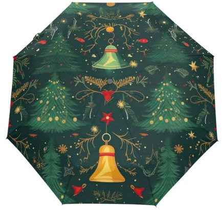 GAIREG Xmas Tree Bell Windproof Travel Umbrella Small Automatic Rain Umbrellas for Backpack, Purse, Car