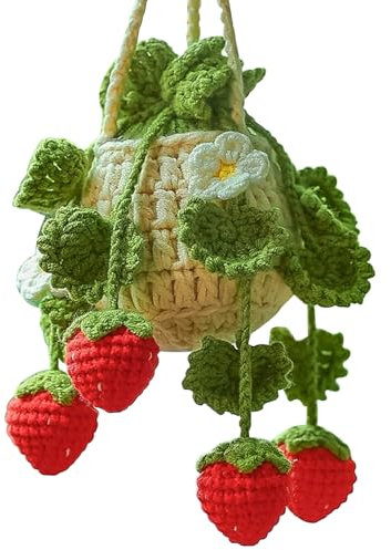 Car Decorations For Girls,Car Hanging Ornament, Crochet Hanging Plant for Car,Strawberry Car Hanging Accessories 5.5x3.2 Inch Car Decor Accessories Car Mirror Decor Hanging