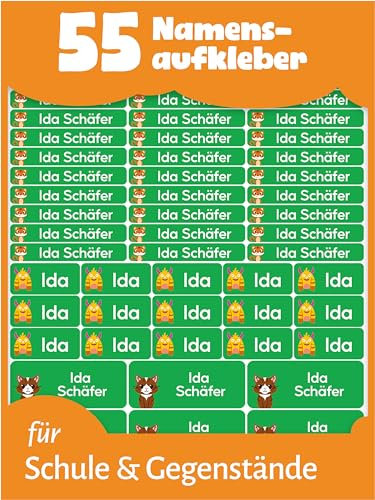 LabelTiger® Personalisierte Namensaufkleber im Set für Kinder in der Schule - 55 Stück, Aufkleber für Stifte und Schulsachen, Selbstklebend & Wasserfest - Grün