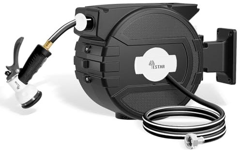 YESTAR Retractable Garden Hose Reel 1/2x82 ft, Automatic Hose Reel with 7 Pattern Nozzle, Any Length Lock Wall Mounted &180 Deg Swivel