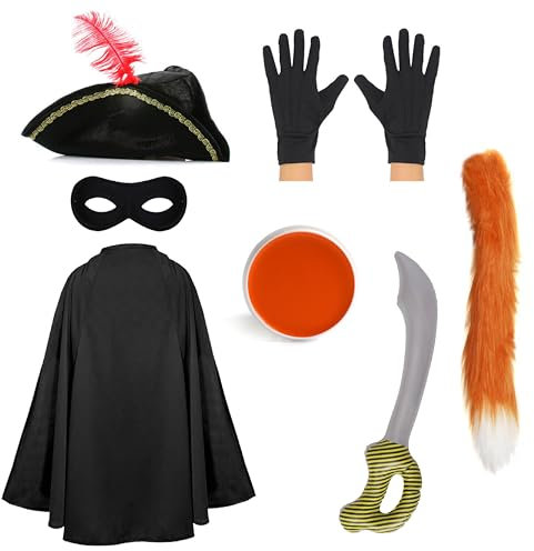 Kids Cat Bandit Costume - Black Tricorn Hat, Black Cape, Black Eye Mask, Gloves, Inflatable Sword and Orange Facepaint - Childs TV Movie World Book Day Fancy Dress Costume