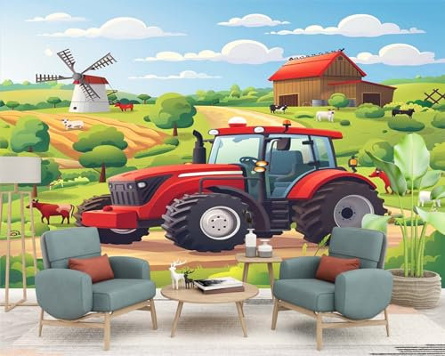 Fototapete Cartoon-Thema Bauernhof Tiere Traktor 400x280 cm - Vliestapete Wohnzimmer Schlafzimmer Vlies Tapete Wandtapete Wandbilder Wanddekoration für Esszimmer