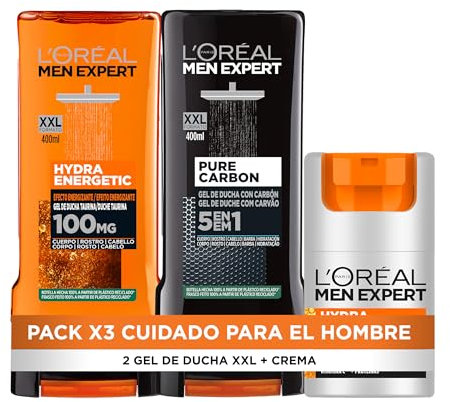L'Oreal Paris Men Expert Pack de Rutina para Hombre con Crema Hidratante Anti-Fatiga 24h Hydra Energetic, Gel de Ducha Hydra Energetic, Gel de Ducha Pure Carbon Multiacción 5 en 1