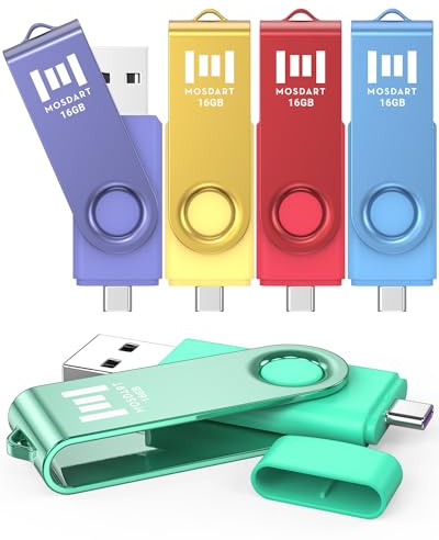 MOSDART 16GB Dual USB C Flash Drive, Type C and USB A 2.0 Thumb Drive, FAT32 Memory Stick for iPhone 15,16,17, Android Phone, iPad, MacBook and Laptops, Vibrant Colors (Pack of 5)
