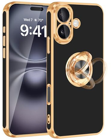 Fingic for iPhone 16 Case[with 360°Rotatable Ring Holder][Support Magnetic Car Mount] Shiny Plating Gold Slim Thin Soft TPU Shockproof Case for iPhone 16 for Women Men,6.1,2024,Black
