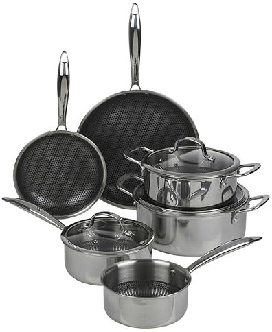 HEXTEC Laser Etched Honeycomb Non Stick Stainless Steel Cookware Pots, Pans & Frying Pan Sets, Induction Ready, Oven & Dishwasher Safe with Stay Cool Handles, PFOA Free Set of 5/6/7/8 Pcs
