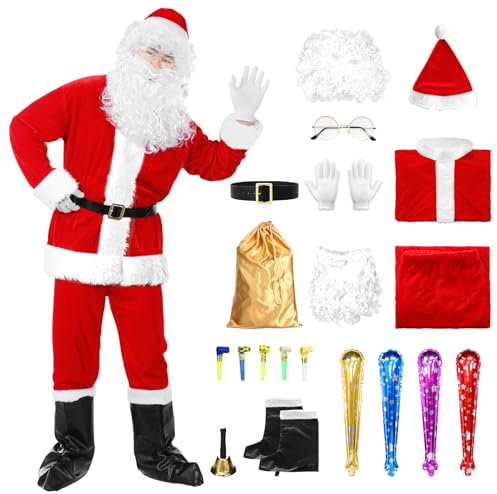 Angenster Weihnachtsmann Kostüm, Nikolaus Kostüm Weihnachtskostüm Herren mit Mütze Perücke Bart Brille Glocke Gürtel Handschuhe Schuhüberzüge Tasche Stab Blowing Dragon, Nikolauskostüm (2024, XXL)