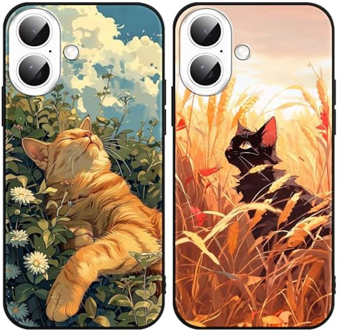 Yimctoie 2 Stück Handyhülle für iPhone 16 Hülle 6,1,Cute Orange Katze Anime Aesthetic Blumen Case,Schwarz Cat Cartoon Ästhetik Schutzhülle Silikon TPU Stoßfeste Kratzfest Cover für iPhone 16
