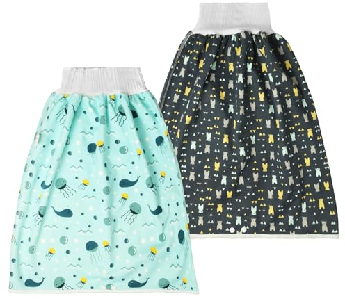 Aolso Baby Potty Training Skirt, 2 PCS High Waist Cotton Baby Diaper Skirt, Waterproof Toddler Training Skirts, Reusable Washable Diaper Skirts for Girls Boys 4-12 Years, L（Ocean） Black/Green