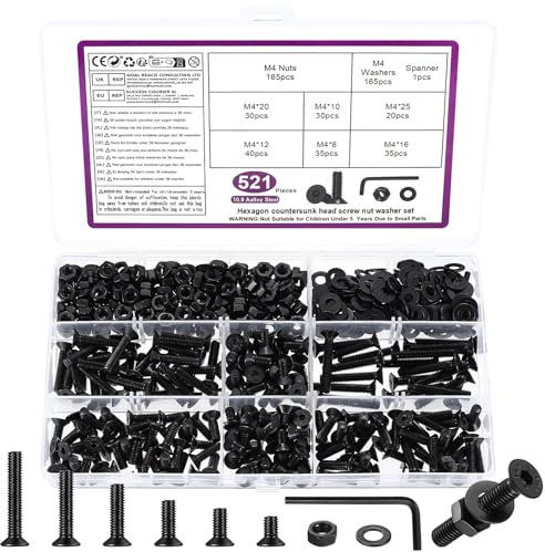 521 Pz M4 Set di Viti, Bulloni e Dadi Set, Viti Bulloni a Testa Piatta Esagonale con Esagono Incassato, Vite a Testa Svasata e Dadi e Rondelle, Nero