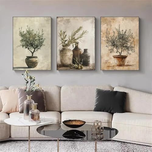 LZJAGXX Mediterraner antiker Olivenzweig, grüne Pflanze, rustikale Küche, elegante Vase, Poster, Leinwandgemälde, Bild, Heimdekoration, 50 x 70 x 3 cm, ungerahmt