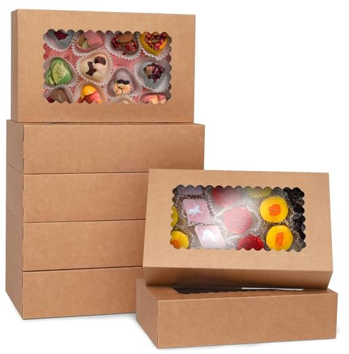 GXFCING 24 Stück Braune Transportbox mit Sichtfenster 25,4 x 15,3 x 6,4 cm Kuchenboxen Gebäckkarton Transportbox Geschenkbox für Weihnachten Party Kuchen Cookie Muffin Kekse Torten Cupcake Boxen
