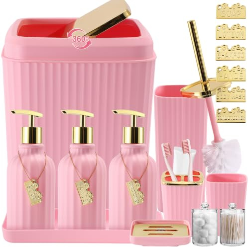 WSBArt 17-teiliges rosa Badezimmer-Zubehör-Set mit Mülleimer und WC-Bürste, 3-teiliger Seifenspender, Qtip-Halter – modernes süßes rosa Badezimmer-Dekor-Set für Master- und Mädchen-Badezimmer