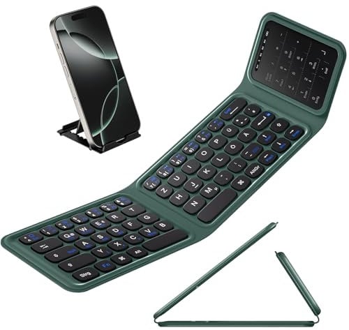 Vobafe Faltbare Bluetooth Tastatur mit Touchpad | Faltbar mit Ziffernblock | Wiederaufladbare kabellose Mini Tastatur | 3 Bluetooth-Kanäle für iOS, Android, Windows, QWERTZ-Layout, Grün