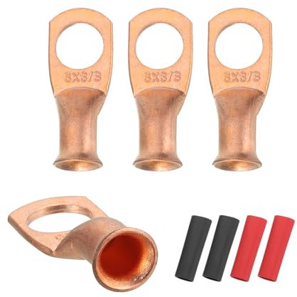 sourcing map 4pcs 6 AWG M10 Battery Lugs Ring Terminals, 3/8 10mm Stud Crimp Wire Terminal Connector End Copper, 3:1 Heat Shrink Tubing, Gold