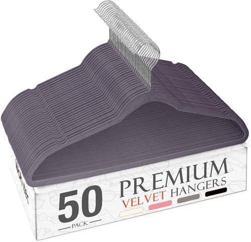 Wohntec Kleiderbügel Samt 50 Stück - Kleiderbügel Platzsparend, Bügel rutschfest und Belastbar, 360° Drehbar Hangers - für Hemden, Anzüge, Pullover, Hosen, Grau