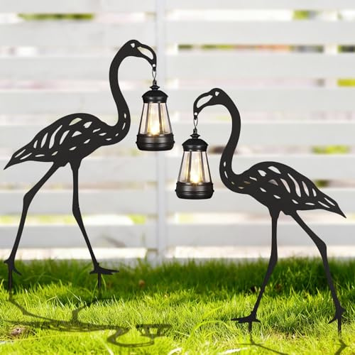 Flamingo-Metall-Gartenstecker, dekorativ, 2 Stück, Solarleuchten, Outdoor-Gartendekoration, Geburtstagsgeschenke für Mutter, Frauen, dekoratives Metall-Einweihungsornament für Rasen, Terrasse, Hof