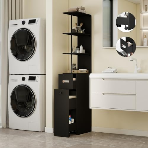 YU YUSING Meuble Colonne Salle de Bain Étroite 23cm 2 Tiroirs à roulettes | Armoire Rangement WC Mince Gain de Place, 3 Étagères Ouvertes, Armoire Haute sur Pied, H167cm, Noir