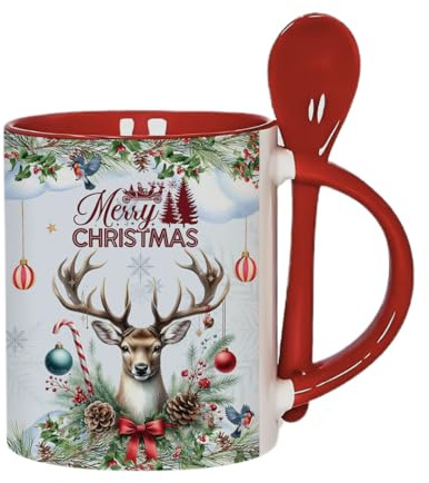 Merry Christmas Reindeer, Winter Snowflake, Festival Holiday, X-mas Gift, 11oz Inside Colour with Spoon Ceramic Coffee Mug. (Red)