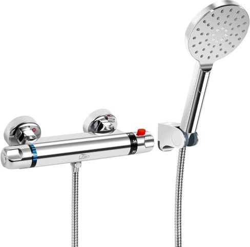 Uten Grifería Termostática de Ducha, Juego Completo con Cabezal 3 Modos, Moneezclador de Latón Cromado, Control de Temperatura Seguro, Montaje en Pared para Baño Familiar