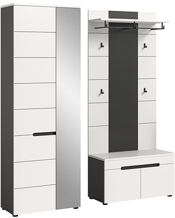 furnling Garderoben-Set Cano, Matte weiße Front, 3-teilig aus Garderobenschrank, Garderobenpaneel, Sitzbank, Höhe 190 cm, Korpus Basalt grau
