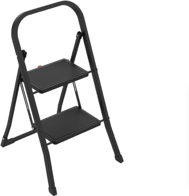Amig Escalera Plegable 2 Peldaños Acero Negra 82x52x42 cm | Pestaña para plegado fácil. Resistente y con peldaños antideslizantes. Facilita el acceso a zonas elevadas.