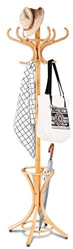 COSTWAY 184cm Garderobenständer mit Schirmhalter, Jackenständer mit 12 Kleiderhaken, Kleiderständer aus Holz, Garderobe Standgarderobe für Flur, Wohnzimmer und Schlafzimmer (Natur)