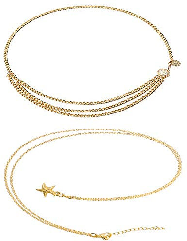 Amasawa 2 Stück Körper Bauch Taille Kette,Damen Trendy Multi Layer Metal Link Taille Kette Gürtel,Multilayer Legierung Taille Kette Körperkette,Frauen Taillengürtel Anhänger,Modische Accessoires