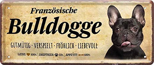 WOGEKA ART Retro Blechschild - Französische Bulldogge Hund Steckbrief - witziger Spruch als Geschenk-Idee zum Geburtstag Weihnachten Dekoration 28x12 cm Vintage-Design Metall 1374
